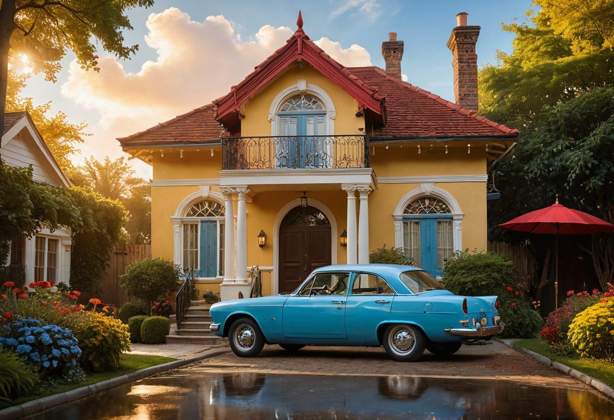 A heartwarming scene showing a car gently transforming into a cozy house, symbolizing the transition from auto to property insurance. Soft clouds and rays of sunlight illuminate the scene, emphasizing love and care. Include symbols of protection like umbrellas and shields surrounding both the car and the house. Vivid colors should evoke warmth and reassurance. surreal art. vibrant colors.