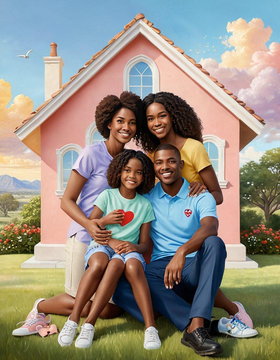 A warm and inviting scene showcasing a family huddled together, surrounded by symbols of love and protection like a heart-shaped shield and various insurance icons (home, health, car). The background features a serene landscape with soft colors representing security and care. The characters should exhibit expressions of confidence and assurance, embodying the essence of navigating insurance with heart. super-realistic. vibrant colors. warm tones.