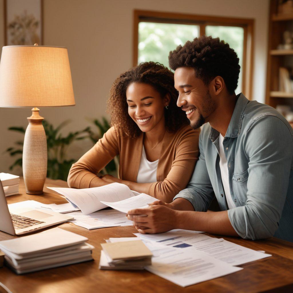 A heartwarming scene of a diverse couple sitting at a table, surrounded by insurance documents and a laptop, smiling as they discuss their future. Soft glowing light illuminates their faces, conveying warmth and trust. In the background, a cozy home setting with family photos, symbolizing protection and love. Super-realistic, warm colors, inviting atmosphere.